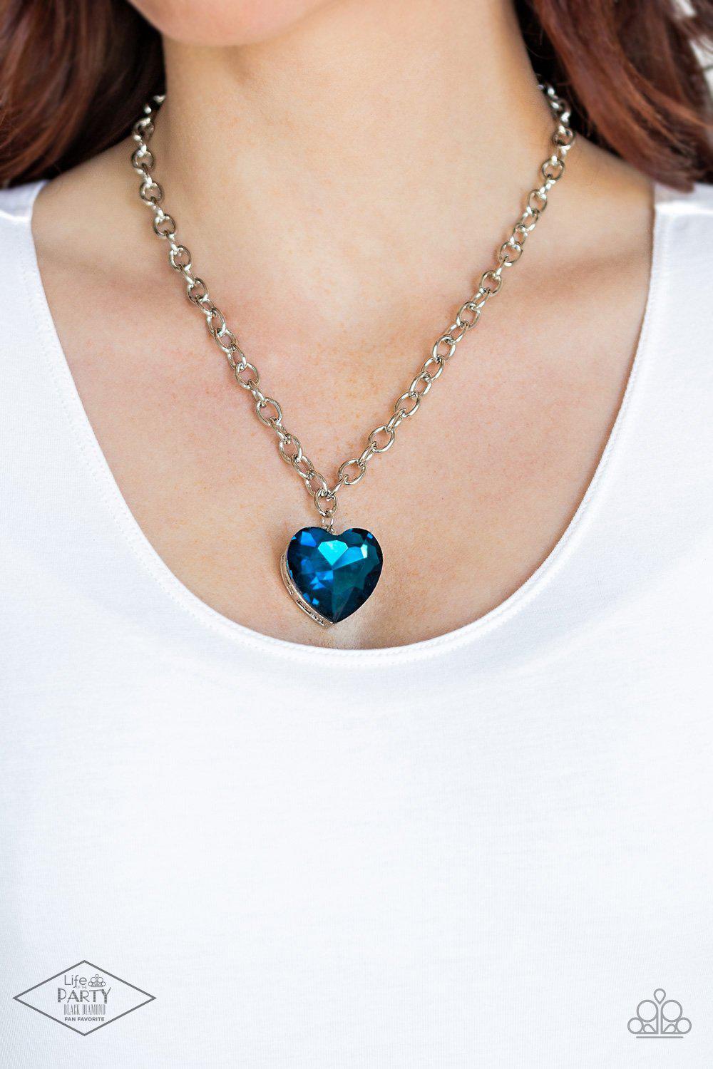 Flirtatiously Flashy Blue Rhinestone Heart Necklace