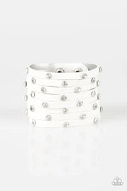 Sass Squad - White Leather Rhinestone Bracelet