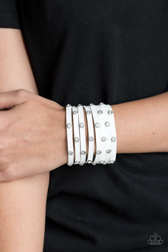 Sass Squad - White Leather Rhinestone Bracelet