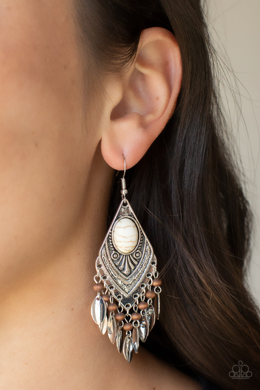Earthy Etiquette - White Stone Brown Wooden Bead Silver Earrings -