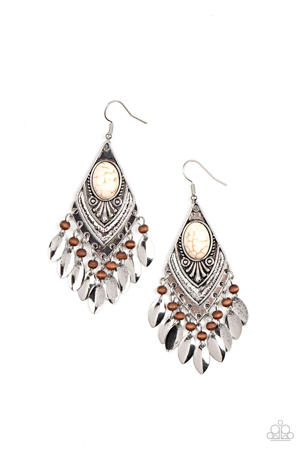 Earthy Etiquette - White Stone Brown Wooden Bead Silver Earrings -