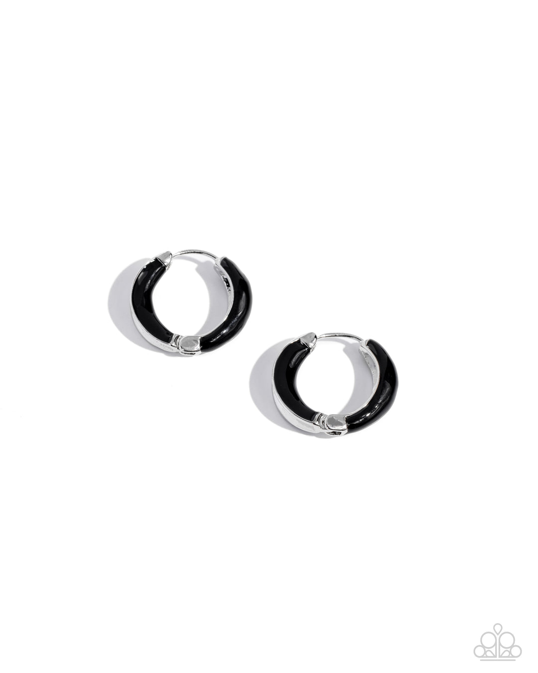 Pivoting Paint - Black Enamel Silver Tiny Hinge Hoop Earrings -