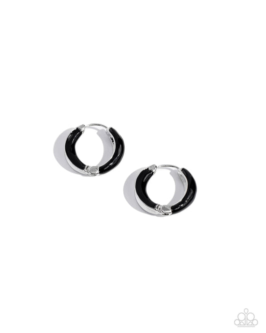 Pivoting Paint - Black Enamel Silver Tiny Hinge Hoop Earrings -