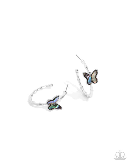 Butterfly Beginning - Blue Abalone Silver Hoop Earrings