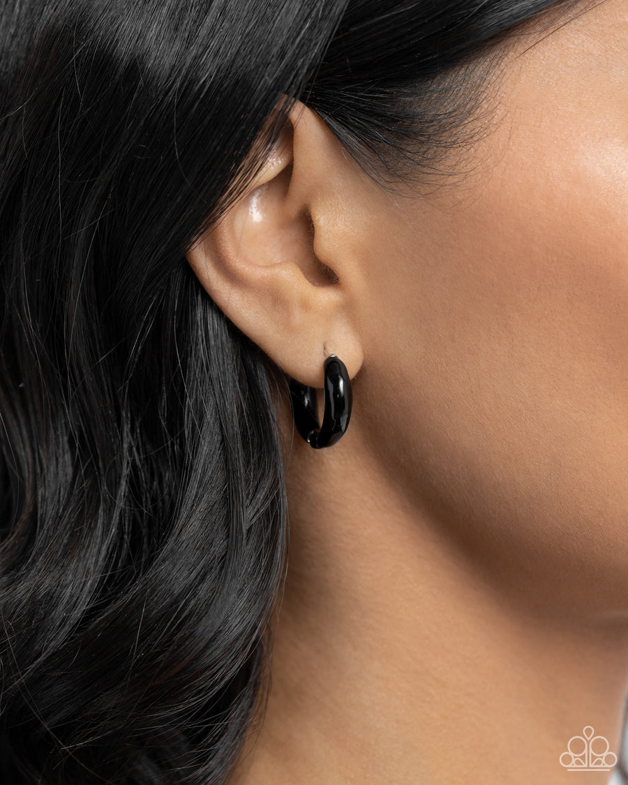 Pivoting Paint - Black Enamel Silver Tiny Hinge Hoop Earrings -