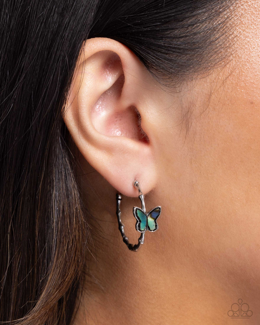 Butterfly Beginning - Blue Abalone Silver Hoop Earrings