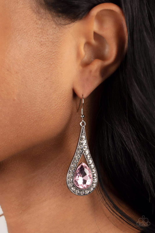 A-Lister Attitude - Pink Gem Silver Teardrop Earrings